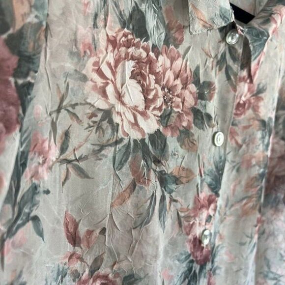 Blair Vintage 90s Women’s Semi Sheer Green Floral Button Front Blouse Size 16P - Picture 6 of 10